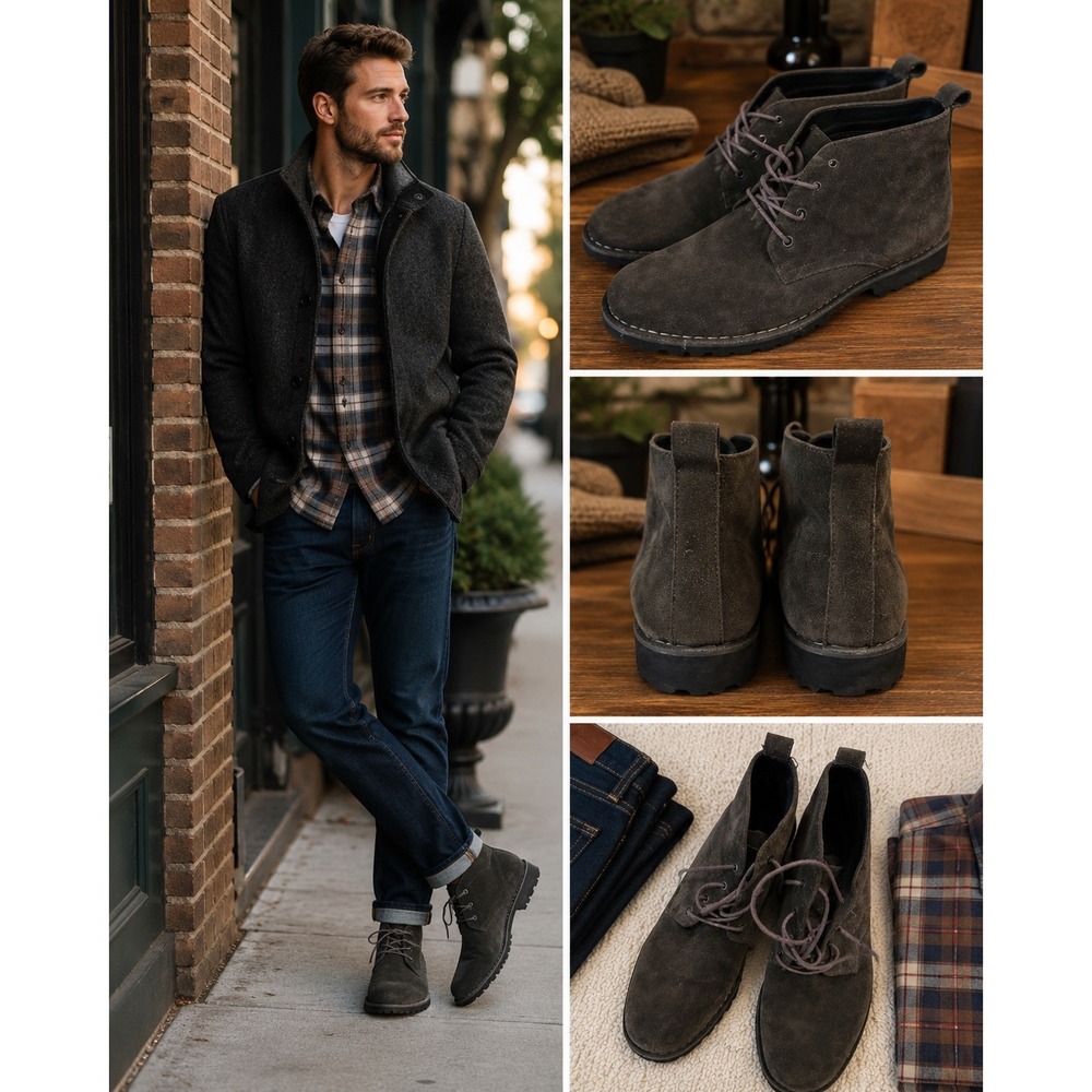 Kenneth Cole New York Lug-Xury Mens 11M Dark Olive Grey Suede Chukka Boots Lug